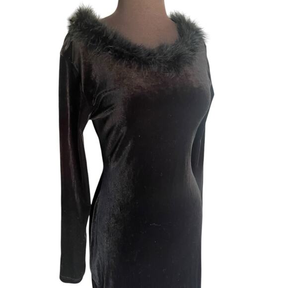 Vtg Y2K Black Velvet Feather Boa Trim Whimsigoth Vamp Glam Maxi Dress Size L - Picture 2 of 7